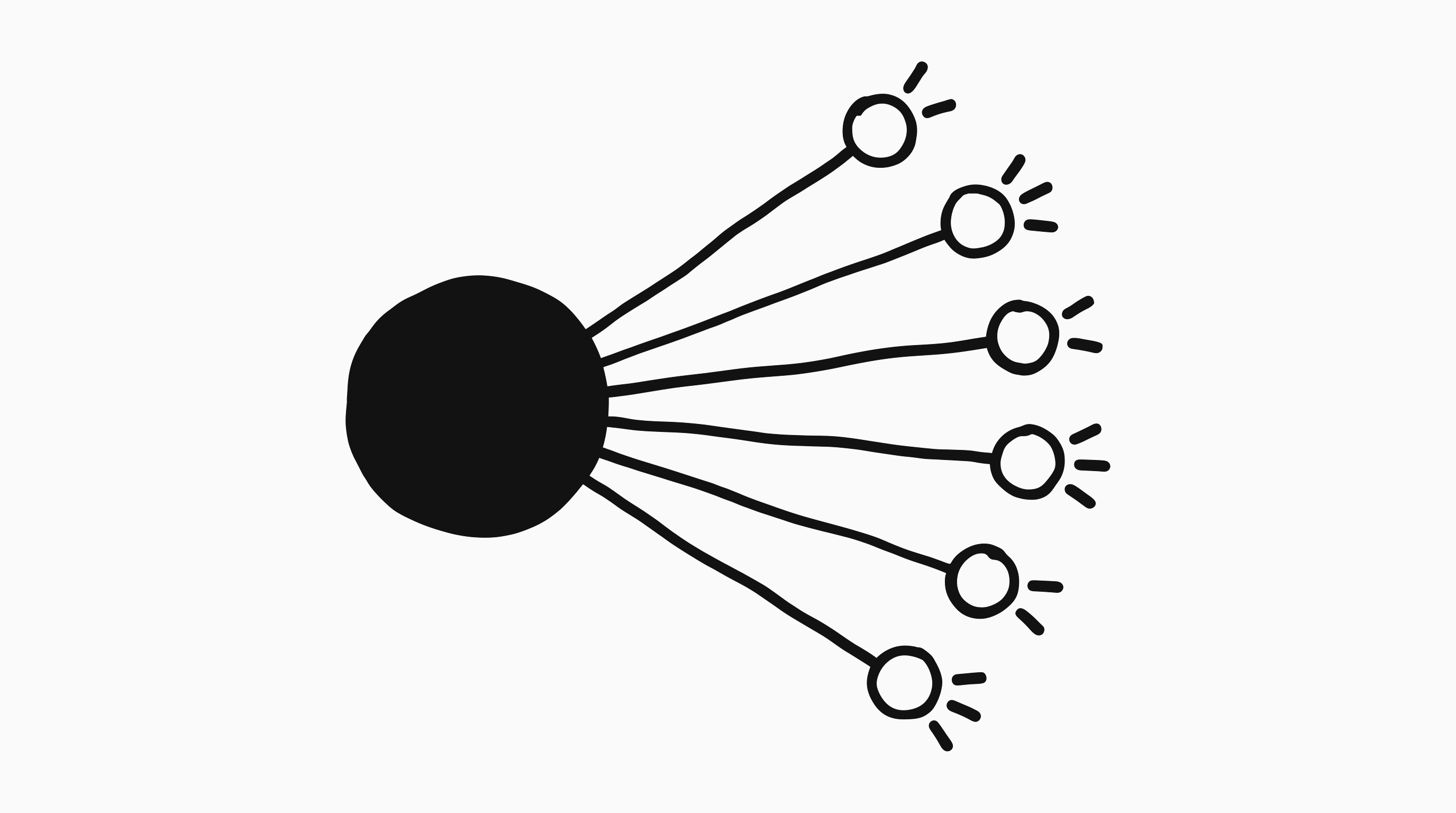 A solid hub branching out to six hollow nodes, each with its own small set of tool stubs