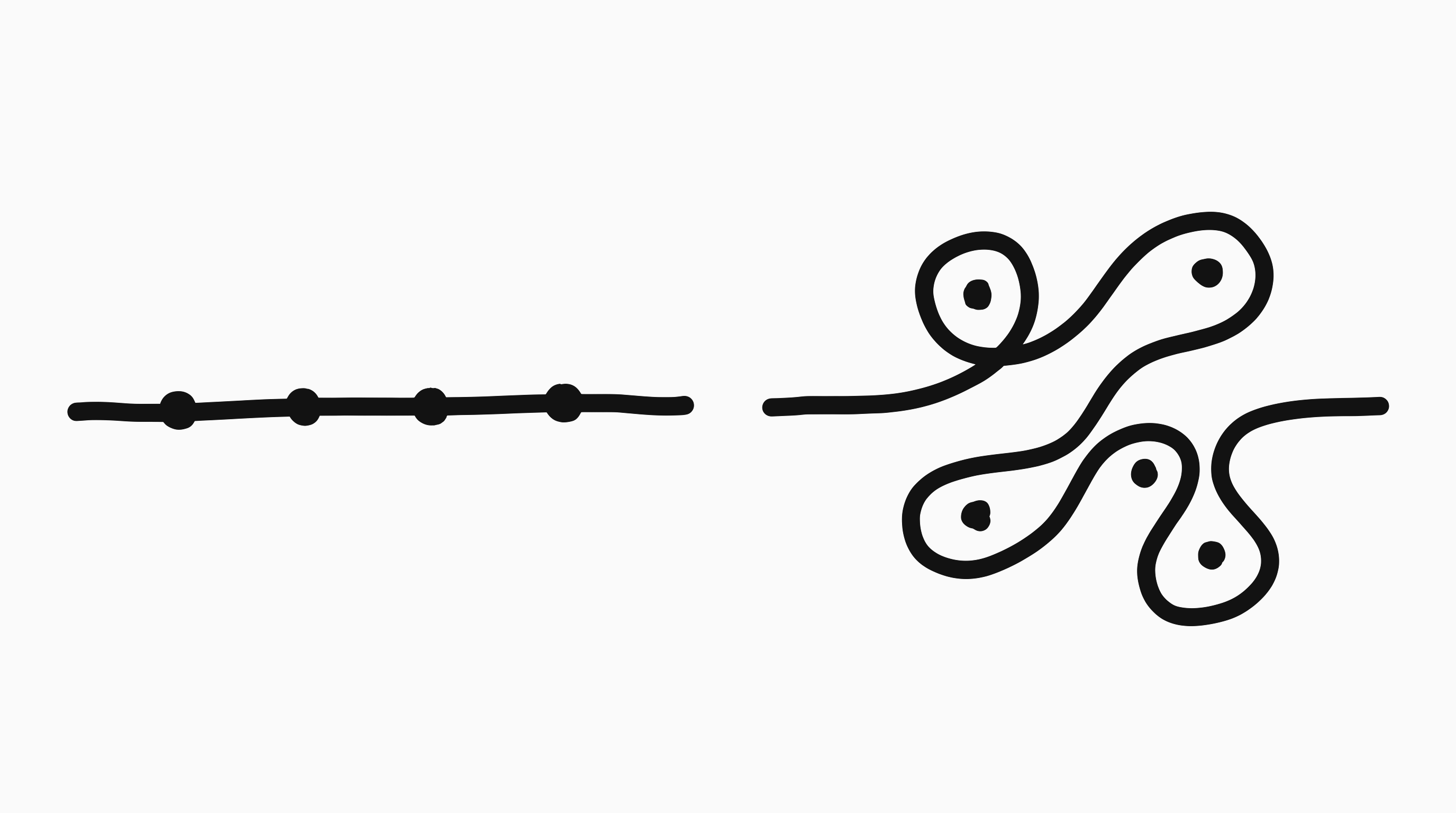 A straight path dotted at regular intervals beside a winding, looping one, contrasting workflows with agents