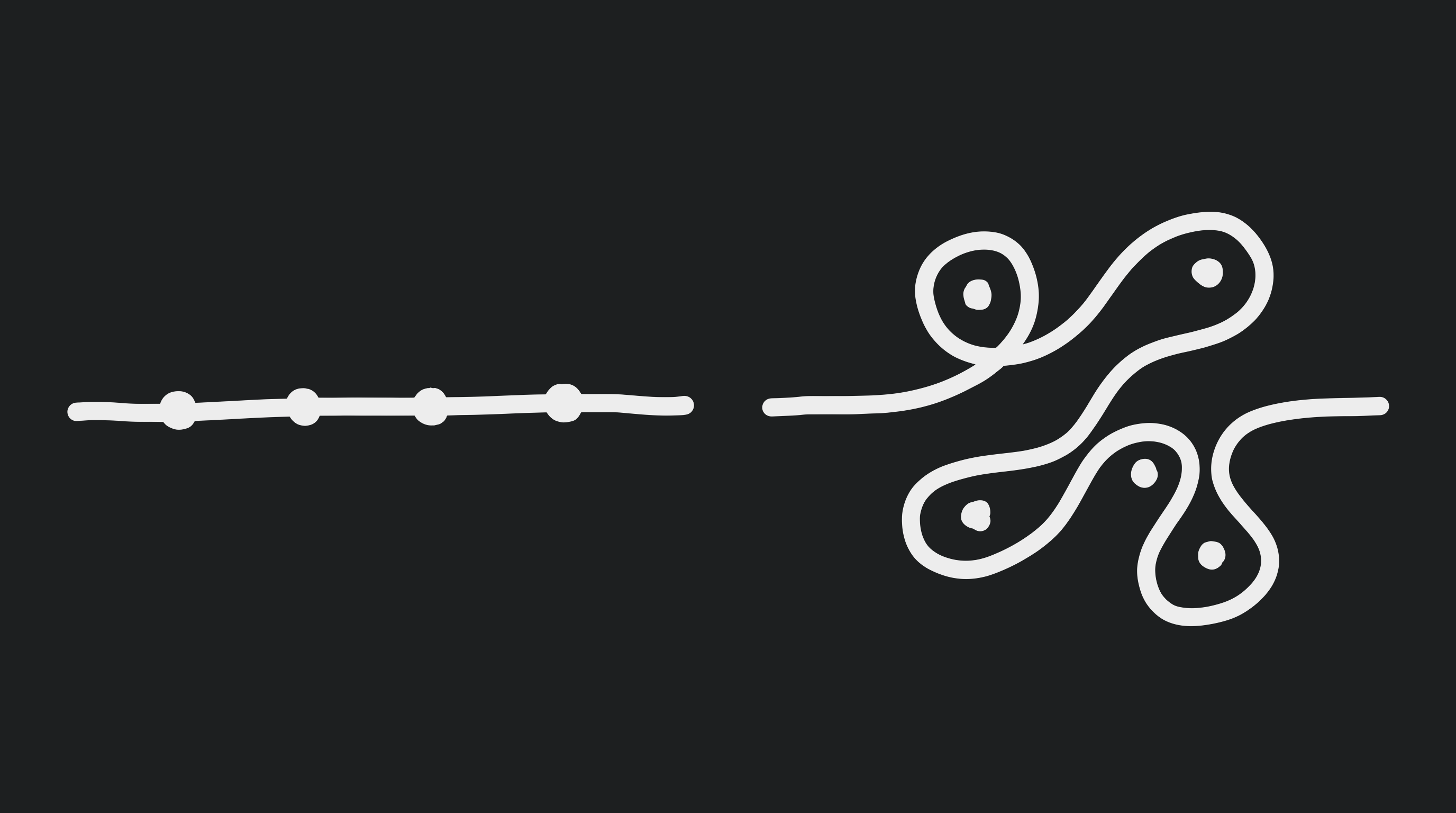 A straight path dotted at regular intervals beside a winding, looping one, contrasting workflows with agents