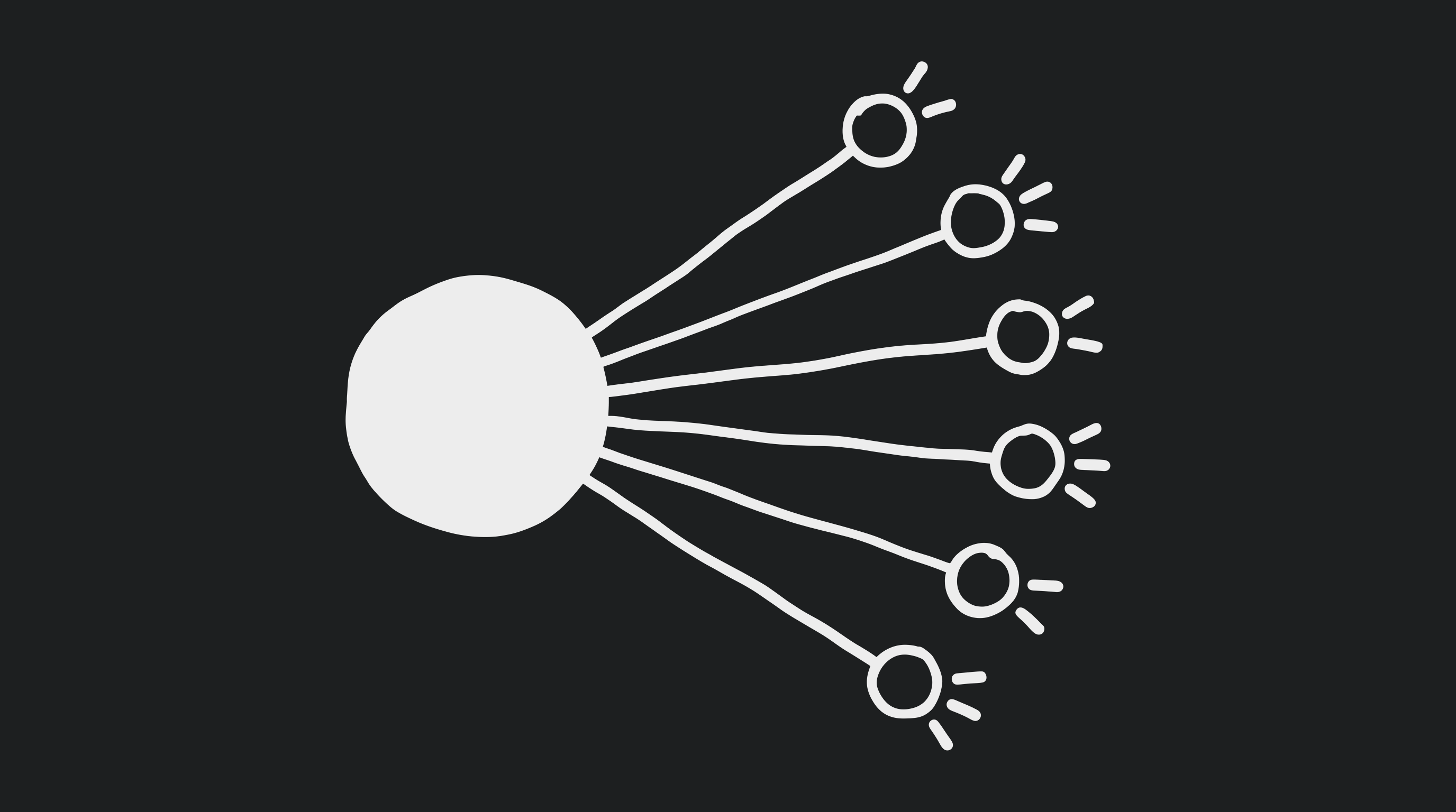 A solid hub branching out to six hollow nodes, each with its own small set of tool stubs